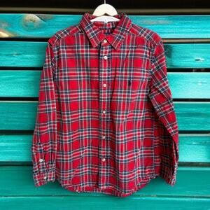 Polo Ralph Lauren Boys Shirt Sz 7 Oxford Red Blue Plaid Long Sleeve‎ Button Up